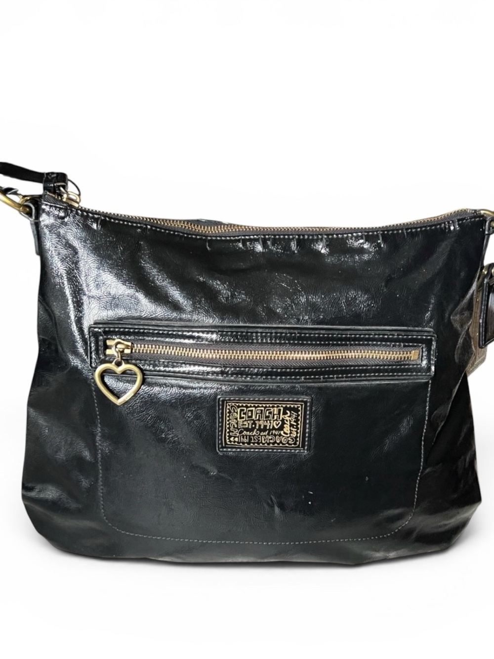 Coach Poppy Daisy Liquid Gloss Black Patent Leather Hobo Bag COA F20103